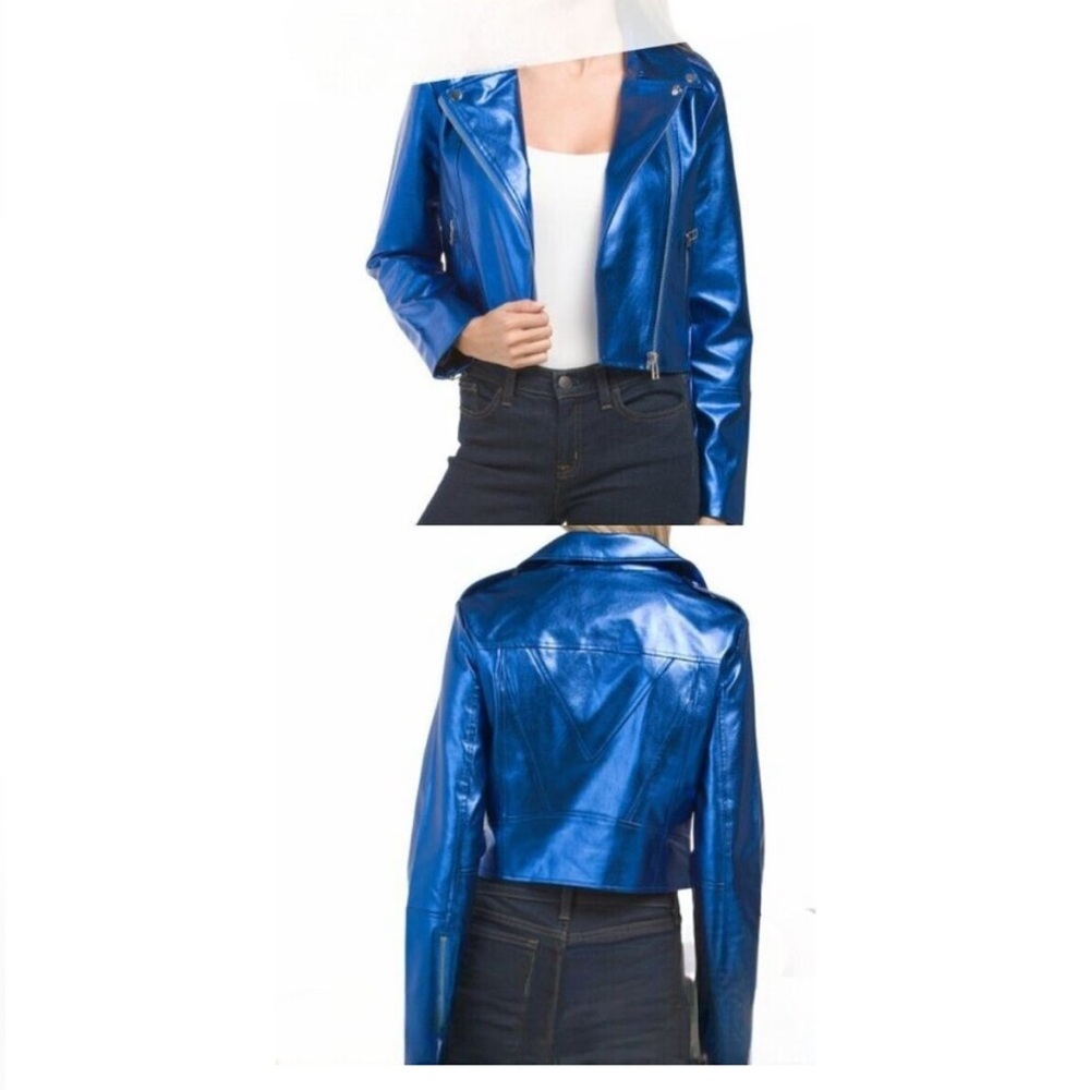 NWT 7 For All Mankind Faux Electric METALLIC Blue Moto / Biker Jacket Sz… - Picture 13 of 16